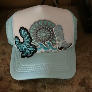 Blue and White Trucker Hat with Embroidery